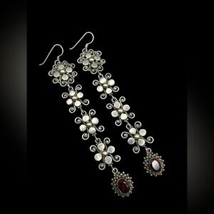 Vintage Sterling Silver Garnet Shoulder Duster Earrings 4.25”